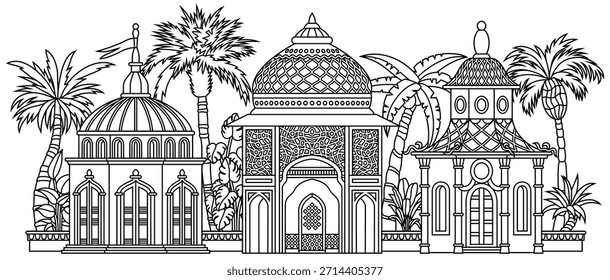 Ilustração vetorial de arte em linha de uma cidade oriental com cúpulas, torres e minaretes. Perfeito para projetos temáticos árabes, islâmicos e de contos de fadas. Desenhado à mão, não com IA