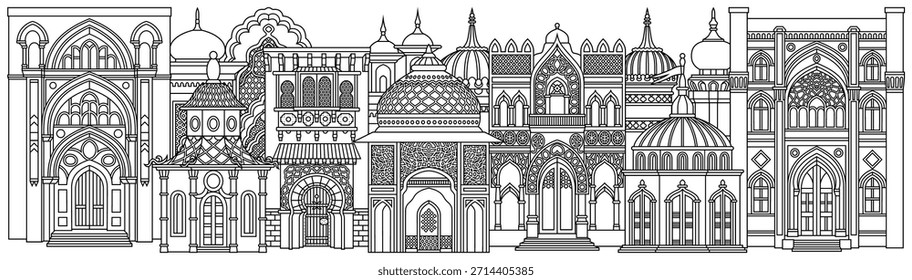 Ilustração vetorial de arte em linha de uma cidade oriental com cúpulas, torres e minaretes. Perfeito para projetos temáticos árabes, islâmicos e de contos de fadas. Desenhado à mão, não com IA