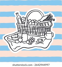 Line art vector illustration of an outdoor picnic scene. It includes classic elements such as a blanket, food, fruit, drinks, bread, flowers, and a basket. A delicate and relaxing doodle-style design.