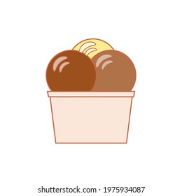 Line art vector illustration of a paper cup with chocolate, hazelnut and vanilla ice cream balls of ice cream or gelato in pastel colors. Isolated on white background.