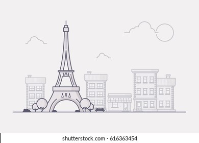 Line Art Vector Illustration of Paris with its Famous Landmark Eiffel Tower and City Buildings in the Background. 