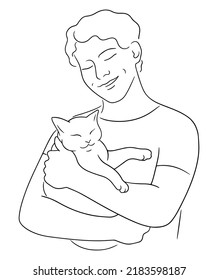 Line art vector illustration person and cat  Man holds cat   smiles  Pets friendly concept
