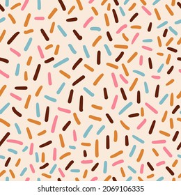 Line art vector illustration of pink, brown, yellow, blue colors ice cream sprinkles in pastel colors. Seamless pattern.