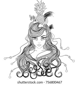 Line art. Vector illustration with a portrait of a beautiful young girl with long hair with hairdress of exotic fruits. Isolated on white background. Coloring book page for adults