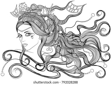 Line art. Vector illustration with a portrait of a beautiful young girl with long hair with hairdress of sweets. Isolated on white background. Coloring book page for adults