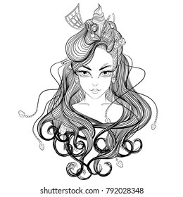Line art. Vector illustration with a portrait of a beautiful young girl with long hair with hairdress of sweets. Isolated on white background. Coloring book page for adults