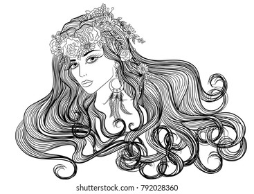 Line art. Vector illustration with a portrait of a beautiful young girl with long hair with hairdress of flowers. Isolated on white background. Coloring book page for adults