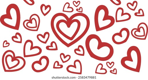 A line art vector illustration of red hearts on a white background. There are multiple hearts, each with a unique shape. The hearts are arranged in a pattern, with some overlapping each other. The ove