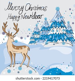 Line art vector illustration. Reindeer and Christmas tree. New year and Christmas lettering. Winter season illustration.