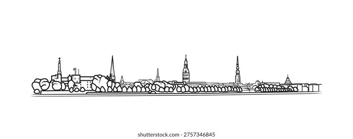 Line art vector illustration of the Riga skyline the capital and largest city of Latvia