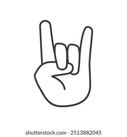 Line art vector illustration of a rock on hand gesture, symbolizing enthusiasm and rock culture.