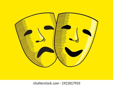 Line art vector illustration of a sad and happy face mask, drama and comedy symbol