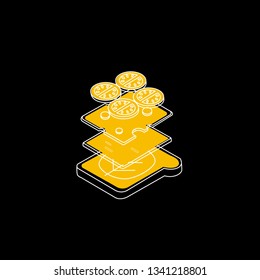 Line Art Vector illustration. Sandwich with ingredients sliced and whole. Vegetables - tomato, cucumber, salad. Cheese, ham. Isometry,