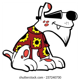 Line art vector illustration of a schnauzer in a Hawaiian t-shirt.