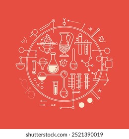 A line art vector illustration of science icons arranged in the shape of a circle on a red background.