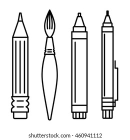 line art vector illustration set of icons for art supplies, art tools for painting, drawing, sketching isolated on white background