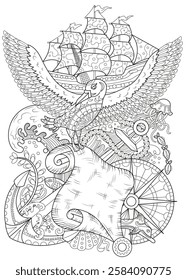 Line art vector illustration with ship, gull and navigation devices. Zentangle style art with boho patterns. Hand drawn sketch for antistress, coloring page for children and adults, decoration, cards