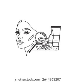 Ilustração vetorial de arte de linha mostrando o rosto de uma mulher com elementos de cuidados da pele, incluindo uma lupa examinando camadas de pele, folículos pilosos e um tubo de creme cosmético. Dermatologia.