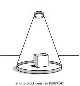 A line art vector illustration showing a single cube positioned centrally inside a transparent conical structure on a flat surface