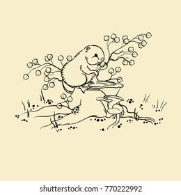 Line art vector Illustration.  Beaver sitting on a tree stump in a forest. Cartoon  style. Good for the postcard or coloring book.