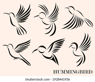 Line art Vector illustration six image set of flying hummingbirds. Suitable for making logos