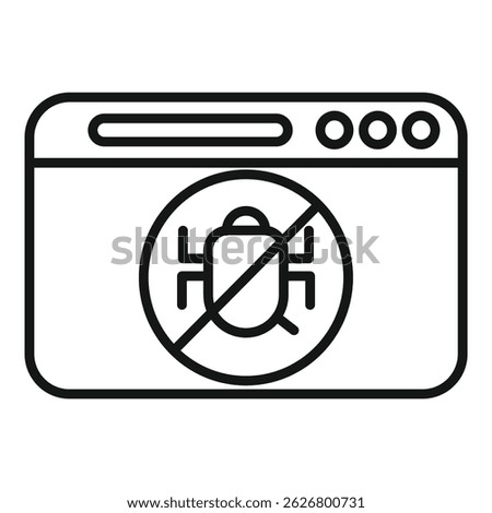 Line art vector illustration of a software bug with a prohibition sign, symbolizing bugfree technology