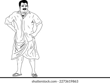Line art vector illustration of South Indian man in standing pose wearing traditional dhoti kurta indian dress, South Indian man cartoon Character