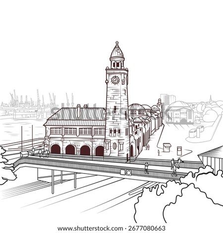 Line art vector illustration of St. Pauli Landing in Hamburg, Germany