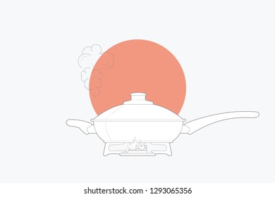 line art vector illustration stew pan on a gas stove. isolated white background. Vector illustration design for t-shirt graphics, posters, guidelines and other uses