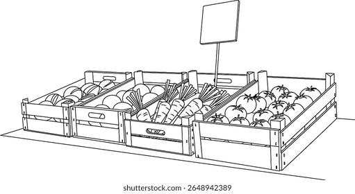 Line Art Vector Illustration of Supermarket Produce Display in Wooden Crates with Blank Sign