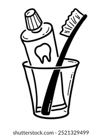 Vektorgrafik der Linienkunst mit Zahnbürste und Zahnpasta im Glas 
