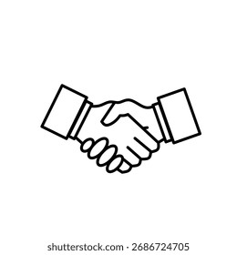 Line art vector illustration of two hands shaking, symbolizing cooperation, partnership, business agreement, or professional deal. 