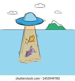 Line Art Vector Illustration. UFO fishes a attracting beam in the river against the background of a mountain.