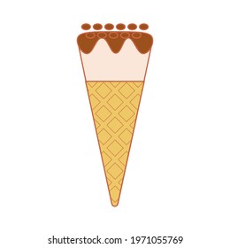 Line art vector illustration of waffle cone with ball of ice cream or gelato in pastel colors. Isolated on white background.