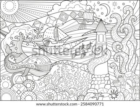 Line art vector illustration with whale, light house and sea life. Zentangle style art with boho patterns. Hand drawn sketch for antistress, coloring page for children and adults, decoration, cards