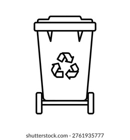 Line art vector illustration of a wheeled recycle bin with recycling symbol. Clean, modern style, ideal for environmental campaigns, waste management, or sustainability websites.