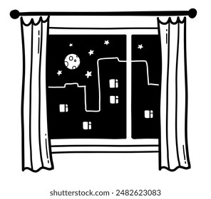 Line art vector illustration of window with curtains and night city