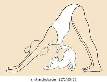 Line art vector illustration of a woman in yoga downward dog pose with cat. Yoga with animals hand drawn sketch