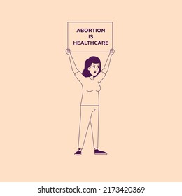 Line art vector illustration with young woman protests against law violates women's rights to terminate a pregnancy. My body my choise. Ban abortion in the USA. Protection of human rights. Pro life. 