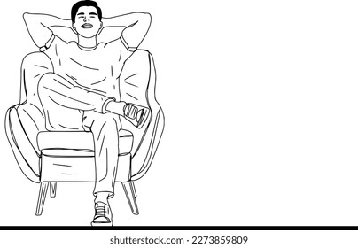 Ilustración vectorial de arte de línea de un niño sentado en una silla en una pose cómoda, hombre tendido en un sofá cómodo