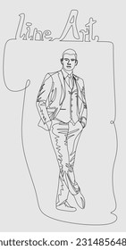 Line art vector illustration of a young male model wearing a two-piece suit