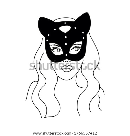 Line art vector illustration of young seductive woman wearing cat musk. Adult print design of sexy girl.
