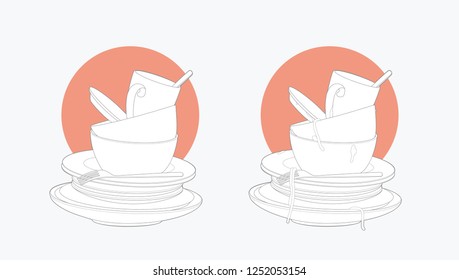 line art vector illustrations clean or dirty dishes. isolated white background. Vector illustration design for t-shirt graphics, posters and other uses