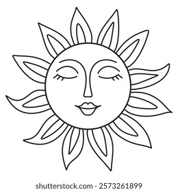 Line art vector ilustration of Slavik Folk Sun with Face. Simple doodle hand drawn icon isolated. Maslenitsa clip art