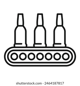 Line art vector of an industrial conveyor belt with three bottles, in black and white