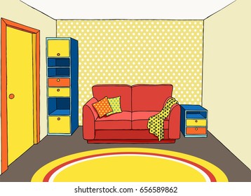 Line art vector interior of a living room. Red sofa with pillows and rug,  bedside table,  closet,  door. Hand drawn illustration