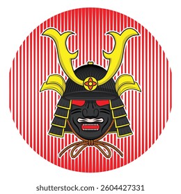 Line art vector of Japanese samurai or ninja mask and armor hat helmet in red circle drawing in colorful cartoon vector
