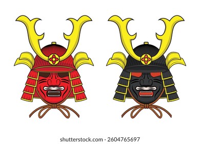 Line art vector of Japanese samurai or ninja mask and armor hat helmet in red and black drawing in colorful cartoon vector