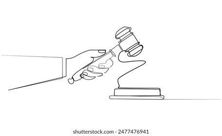 line art vector of judge's hand tapping gavel.abstract one line drawing of judge taking decision.judicial process one line concept.isolated white background