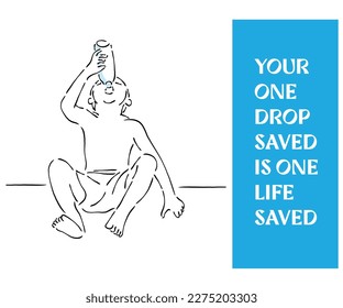 Line art vector of a kid barely covered. A sad kid from poor countries with minimum to survive. Climate change and its impact on living conditions. Water scarcity concept art.